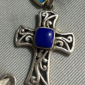 Sterling Silver lapis lazuli Cross Pendant with Blue Stone antique
